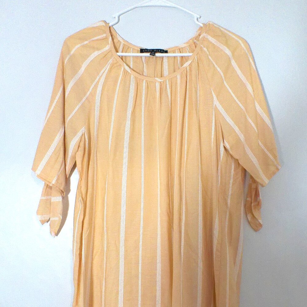 Como Black Women’s Small Mustard Stripe 100% Rayon Boho Blouse Tie Sleeve